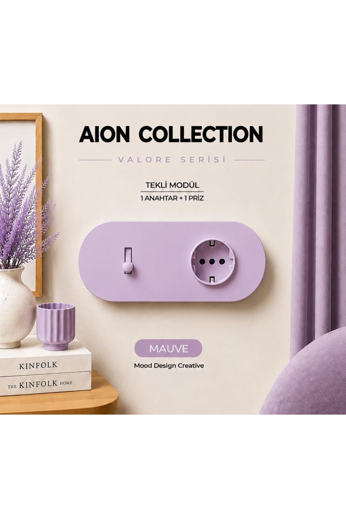 AION Collection-VALORE Series DUO MODÜL (MAUVE)/(2MODÜL BİRLEŞİMİ=(1ANAHTAR+1PRİZ) Oval Mat Tasarım Priz-Anahtar COVER/Premium Soft Renkler Serisi(LAVANTA LİLA)
