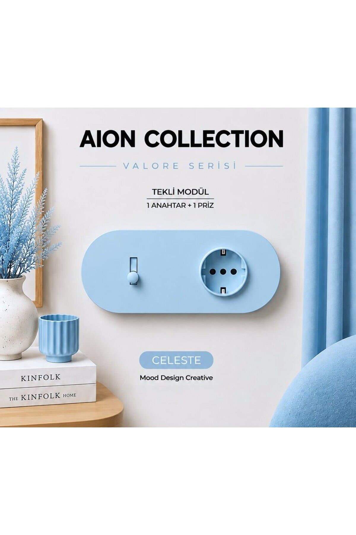 AION Collection-VALORE Series DUO MODÜL (CELESTE)/(2MODÜL BİRLEŞİMİ=(1ANAHTAR+1PRİZ) Oval Mat Tasarım Priz-Anahtar COVER/Premium Soft Renkler Serisi(BEBEK MAVİSİ)