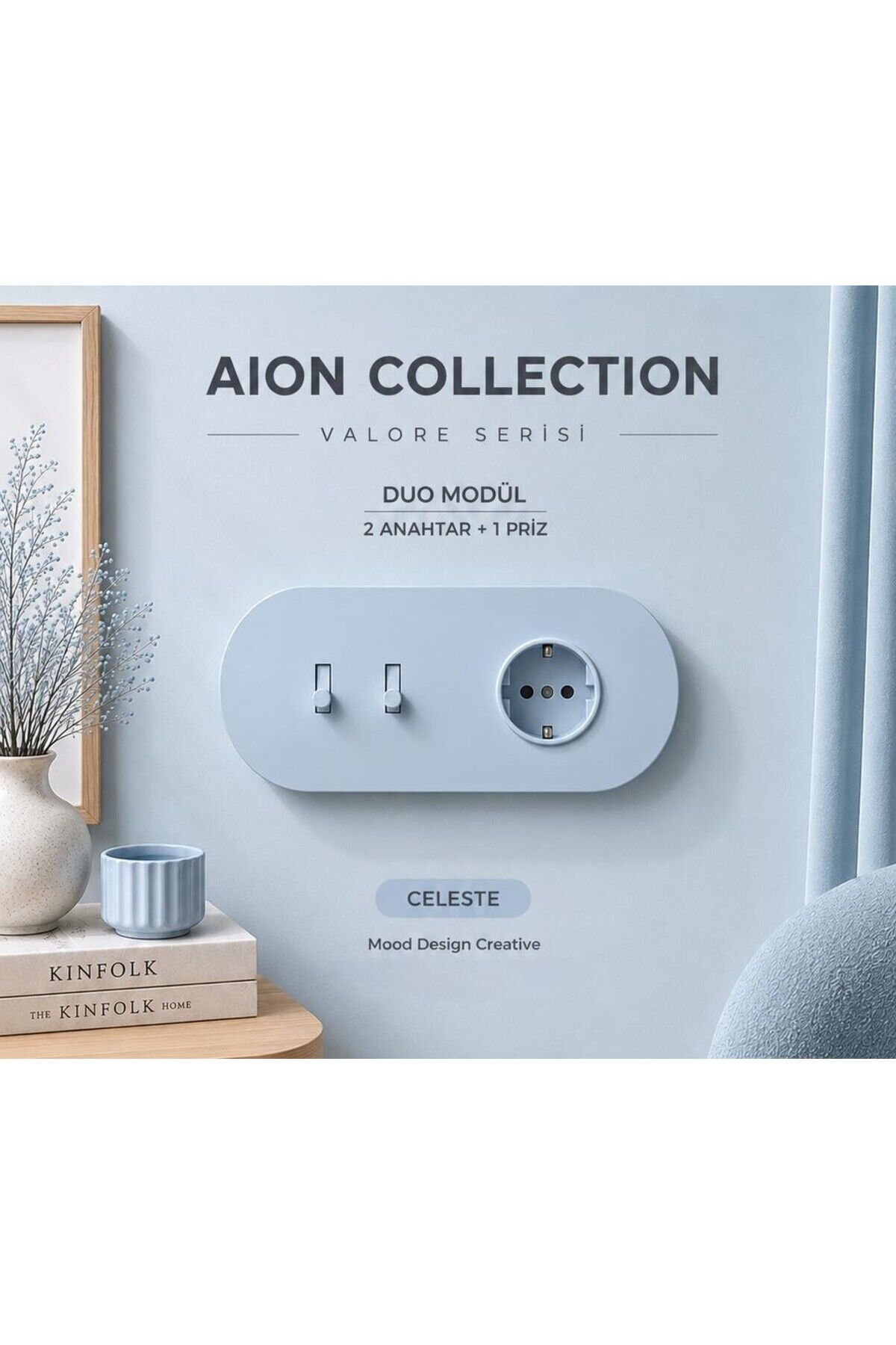 AION Collection-VALORE Series DUO MODÜL (CELESTE)/(2MODÜL BİRLEŞİMİ=(2ANAHTAR(1KOMİTATÖR)+1PRİZ) Oval Mat Tasarım Priz-Anahtar COVER/Premium Soft Renkler Serisi(BEBEK MAVİSİ)