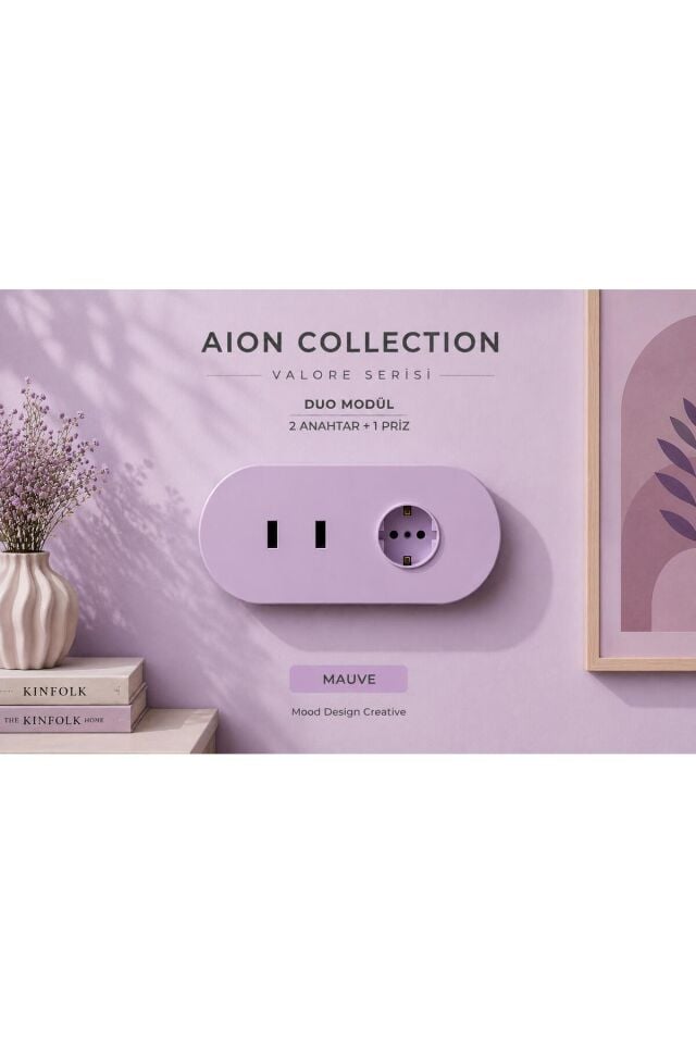 AION Collection-VALORE Series DUO MODÜL (MAUVE)/(2MODÜL BİRLEŞİMİ=(2ANAHTAR(1KOMİTATÖR)+1PRİZ) Oval Mat Tasarım Priz-Anahtar COVER/Premium Soft Renkler Serisi(LAVANTA LİLA)