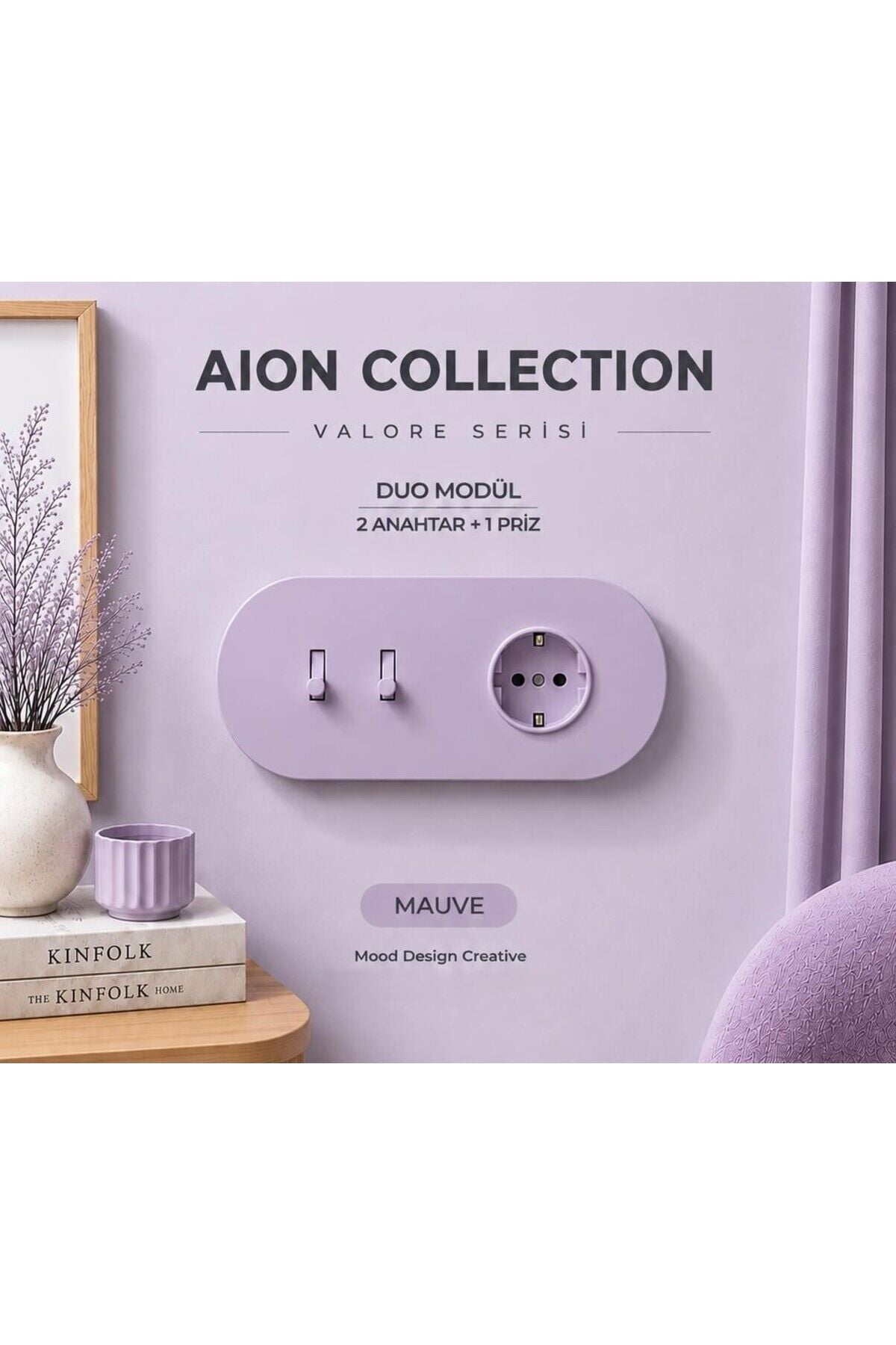 AION Collection-VALORE Series DUO MODÜL (MAUVE)/(2MODÜL BİRLEŞİMİ=(2ANAHTAR(1KOMİTATÖR)+1PRİZ) Oval Mat Tasarım Priz-Anahtar COVER/Premium Soft Renkler Serisi(LAVANTA LİLA)