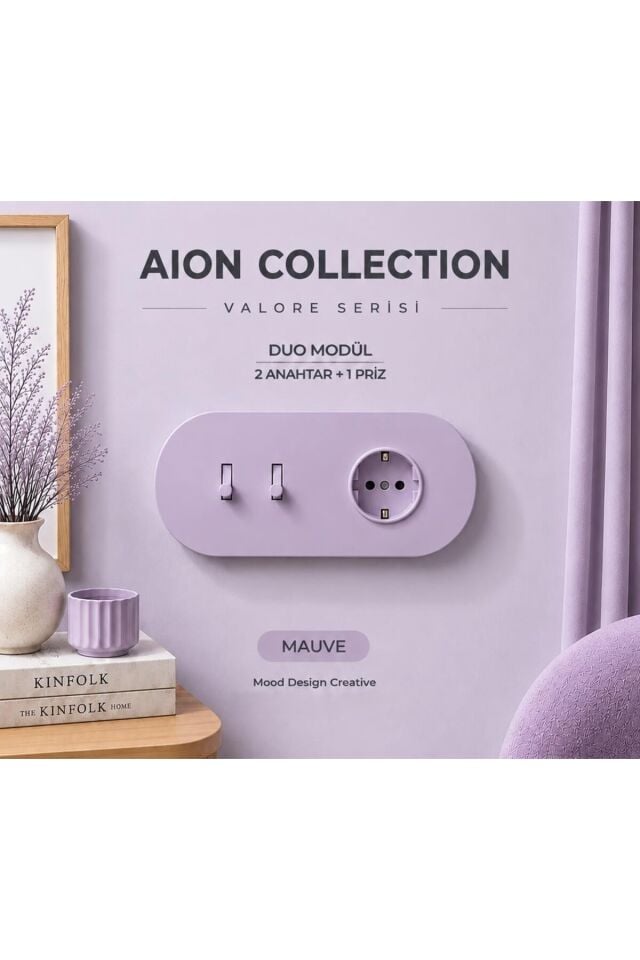 AION Collection-VALORE Series DUO MODÜL (MAUVE)/(2MODÜL BİRLEŞİMİ=(2ANAHTAR(1KOMİTATÖR)+1PRİZ) Oval Mat Tasarım Priz-Anahtar COVER/Premium Soft Renkler Serisi(LAVANTA LİLA)