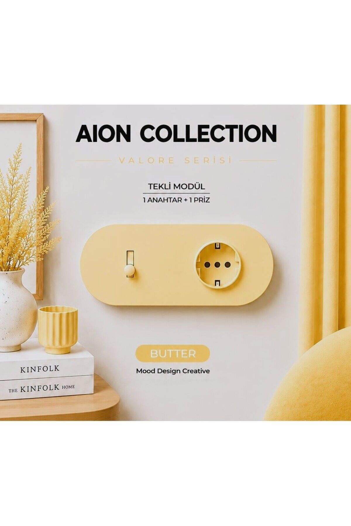 AION Collection-VALORE Series DUO MODÜL (BUTTER)/(2MODÜL BİRLEŞİMİ=(1ANAHTAR+1PRİZ) Oval Mat Tasarım Priz-Anahtar COVER/Premium Soft Renkler Serisi(YAĞ SARISI)