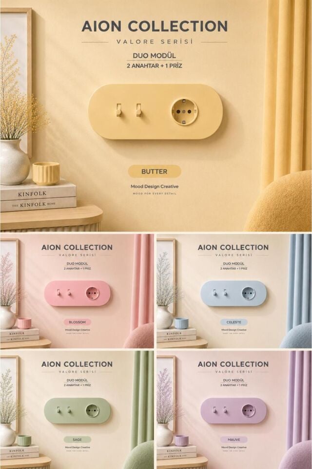 AION Collection-VALORE Series DUO MODÜL (BUTTER)/(2MODÜL BİRLEŞİMİ=(2ANAHTAR(1KOMİTATÖR)+1PRİZ) Oval Mat Tasarım Priz-Anahtar COVER/Premium Soft Renkler Serisi(YAĞ SARISI)
