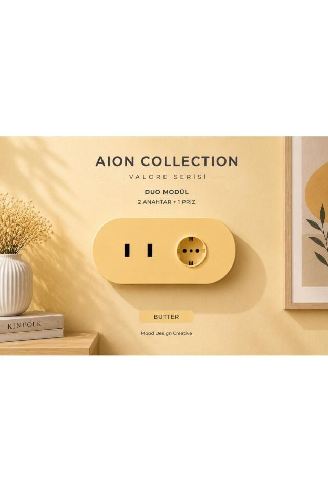AION Collection-VALORE Series DUO MODÜL (BUTTER)/(2MODÜL BİRLEŞİMİ=(2ANAHTAR(1KOMİTATÖR)+1PRİZ) Oval Mat Tasarım Priz-Anahtar COVER/Premium Soft Renkler Serisi(YAĞ SARISI)