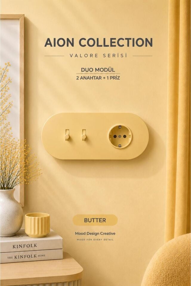 AION Collection-VALORE Series DUO MODÜL (BUTTER)/(2MODÜL BİRLEŞİMİ=(2ANAHTAR(1KOMİTATÖR)+1PRİZ) Oval Mat Tasarım Priz-Anahtar COVER/Premium Soft Renkler Serisi(YAĞ SARISI)