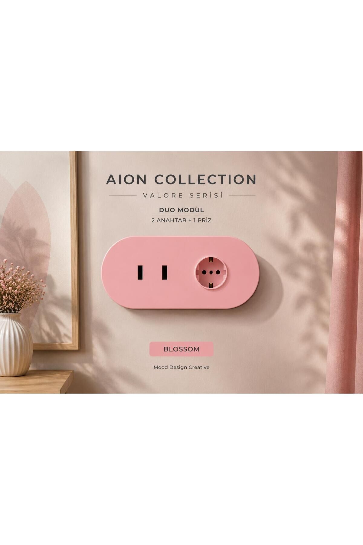 AION Collection-VALORE Series DUO MODÜL (BLOSSOM)/(2MODÜL BİRLEŞİMİ=(2ANAHTAR(1KOMİTATÖR)+1PRİZ) Oval Mat Tasarım Priz-Anahtar COVER/Premium Soft Renkler Serisi(PASTEL PEMBE)