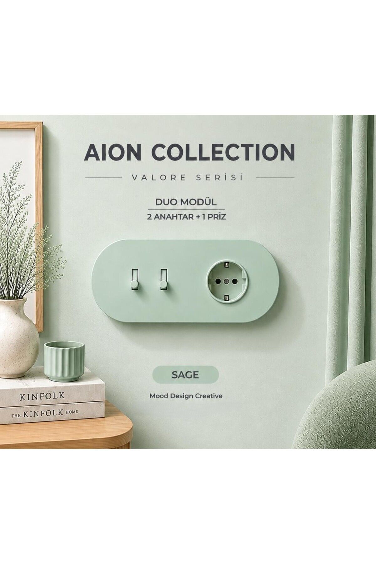 AION Collection-VALORE Series DUO MODÜL (SAGE)/(2MODÜL BİRLEŞİMİ=(2ANAHTAR(1KOMİTATÖR)+1PRİZ) Oval Mat Tasarım Priz-Anahtar COVER/Premium Soft Renkler Serisi(MİNT YEŞİLİ)