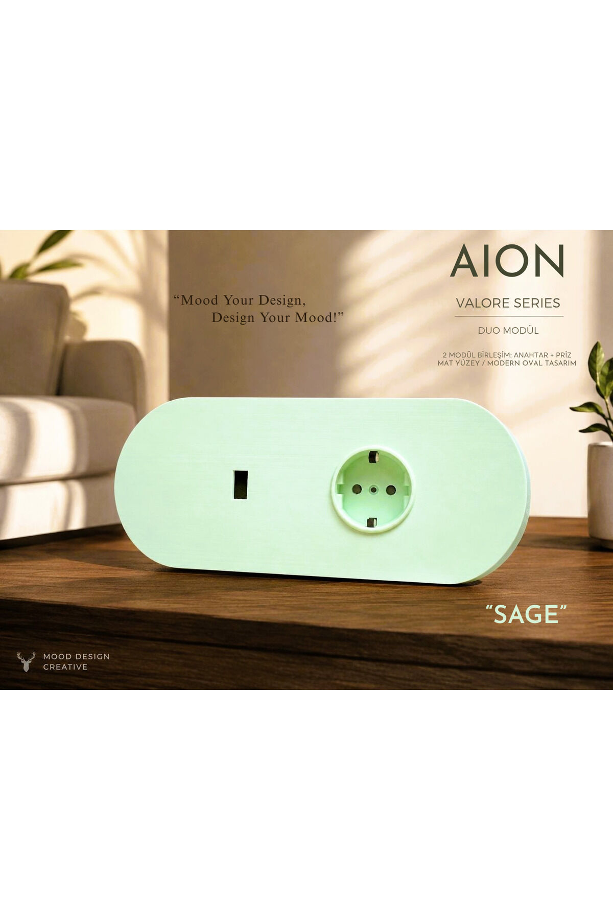 AION Collection-VALORE Series DUO MODÜL (SAGE)/(2MODÜL BİRLEŞİMİ=(1ANAHTAR+1PRİZ) Oval Mat Tasarım Priz-Anahtar COVER/Premium Soft Renkler Serisi(MİNT YEŞİLİ)