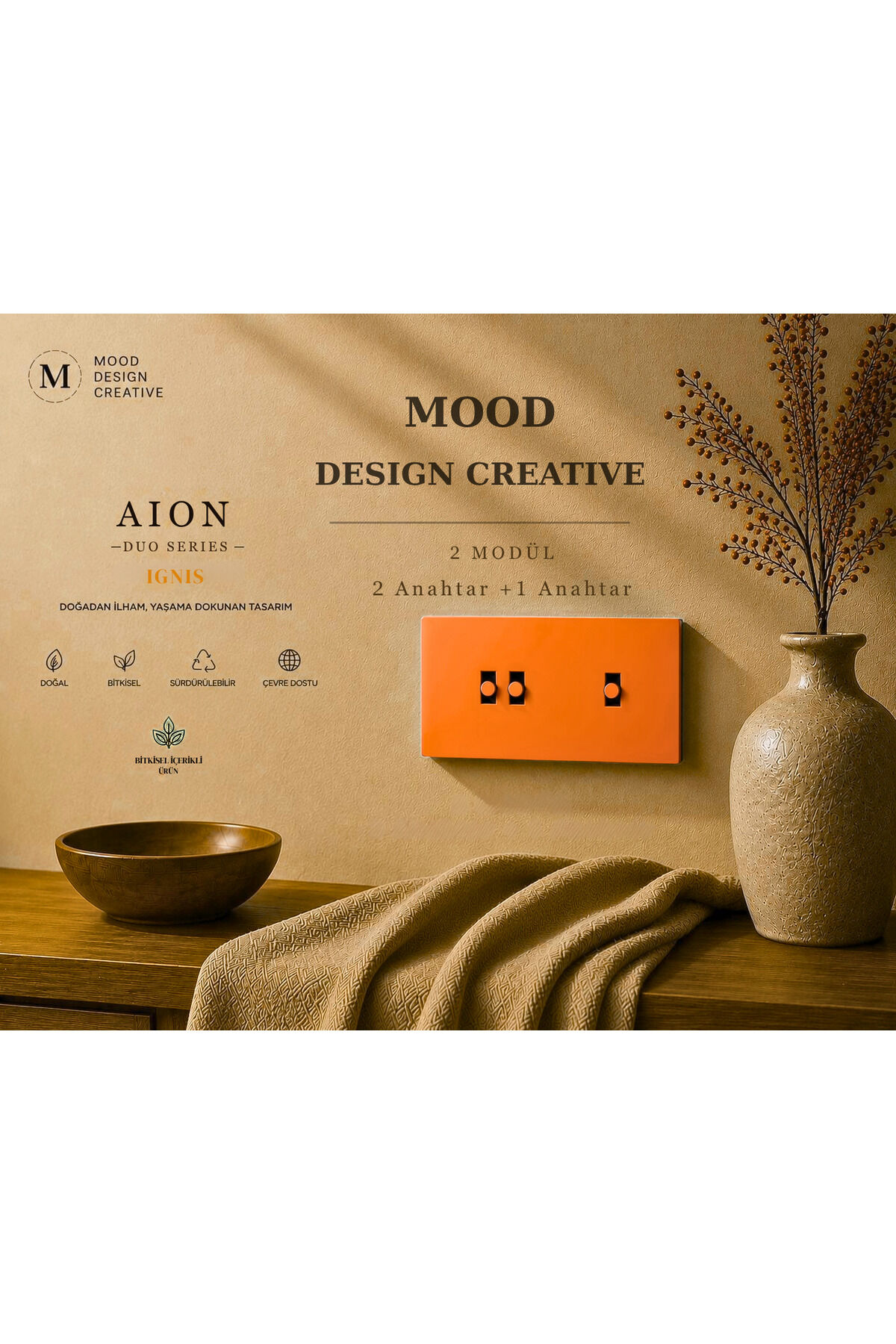 AION Collection-DUO Series (IGNIS) (2Lİ)/(V.İ.K.O. İLE UYUMLU) (2MODÜL BİRLEŞİMİ=(2ANAHTAR(1KOMİTATÖR)+1ANAHTAR)Minimal Mat Tasarım Priz-Anahtar COVER/Premium Canlı Renkler Serisi(TURUNCU)