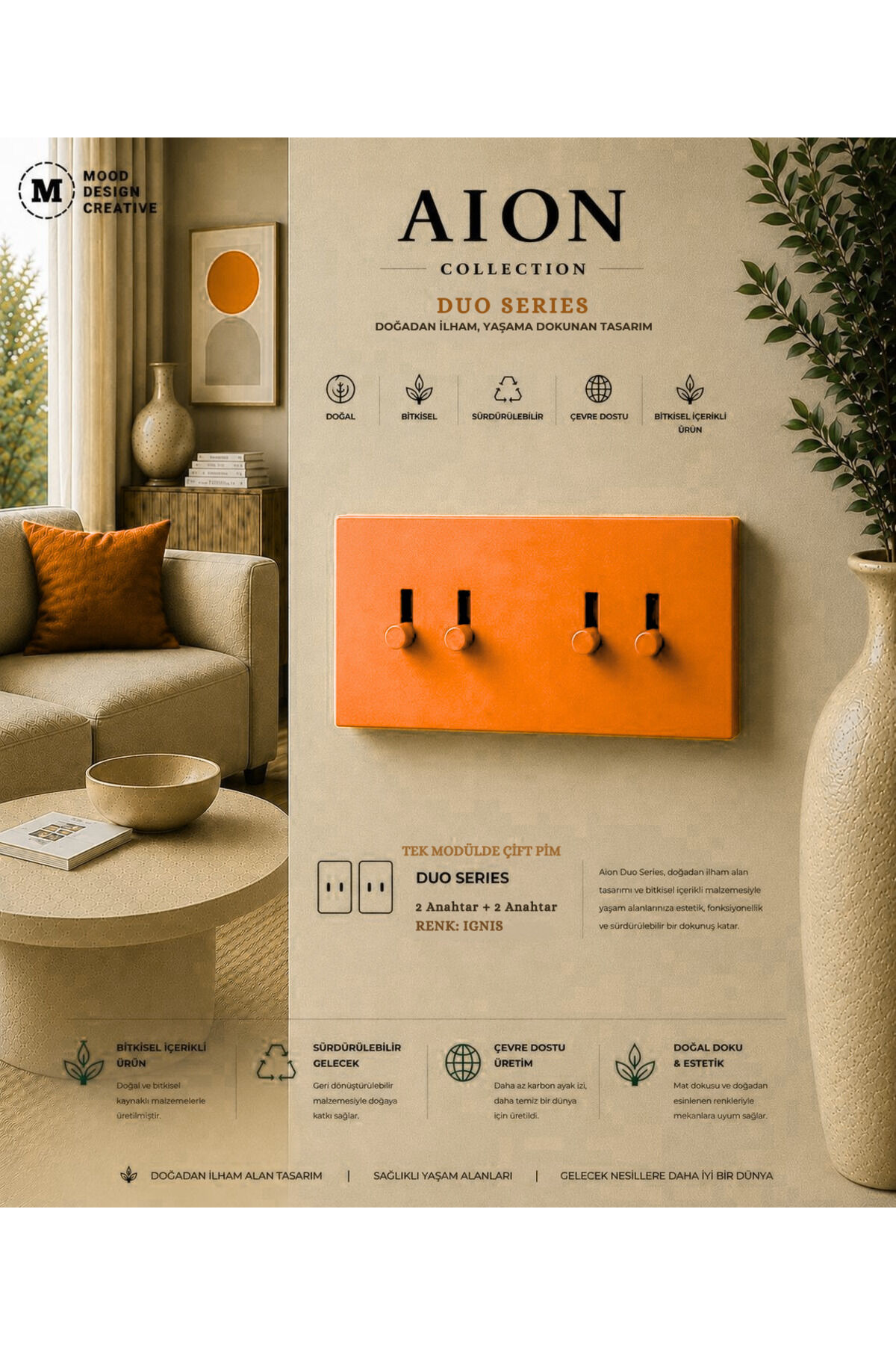 AION Collection-DUO Series (IGNIS) (2 AD. KOMİTATÖR)/(V.İK.O. İLE UYUMLU) (2MODÜL BİRLEŞİMİ=2ANAHTAR+2ANAHTAR)Minimal Mat Tasarım Priz-Anahtar COVER/Premium Canlı Renkler Serisi (TURUNCU)