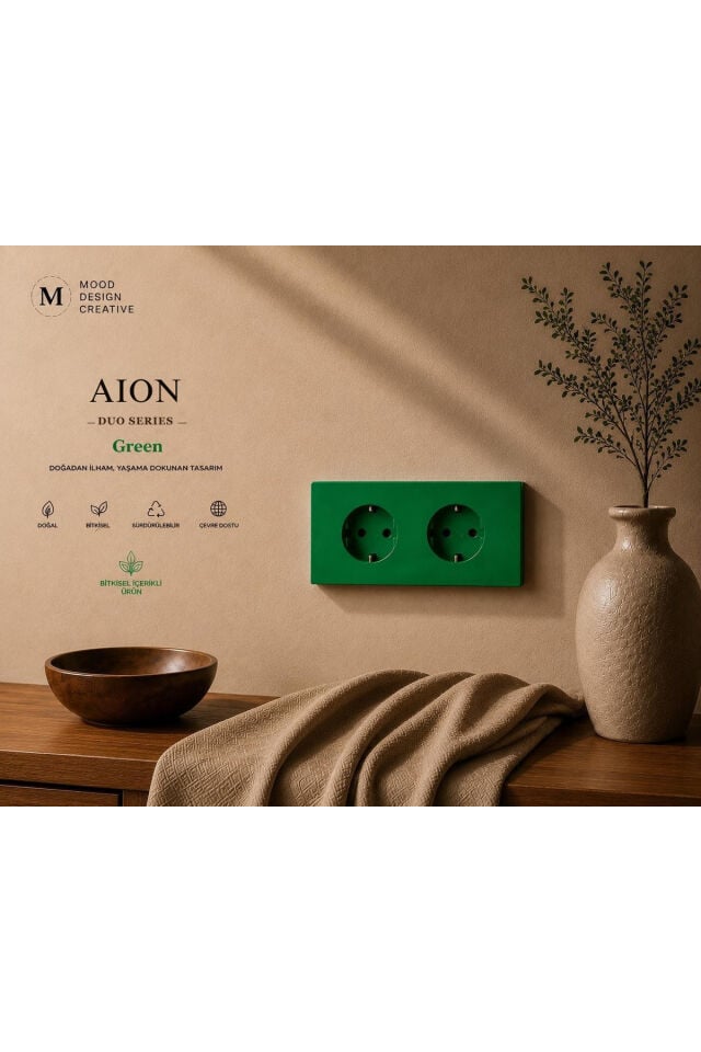 AION Collection-DUO Series (VERDE) (2Lİ)/ (TÜM MARKALAR İLE UYUMLUDUR) (2MODÜL BİRLEŞİMİ=1PRİZ+1PRİZ) Minimal Mat Tasarım Priz-Anahtar COVER/Premium Canlı Renkler Serisi (YEŞİL)