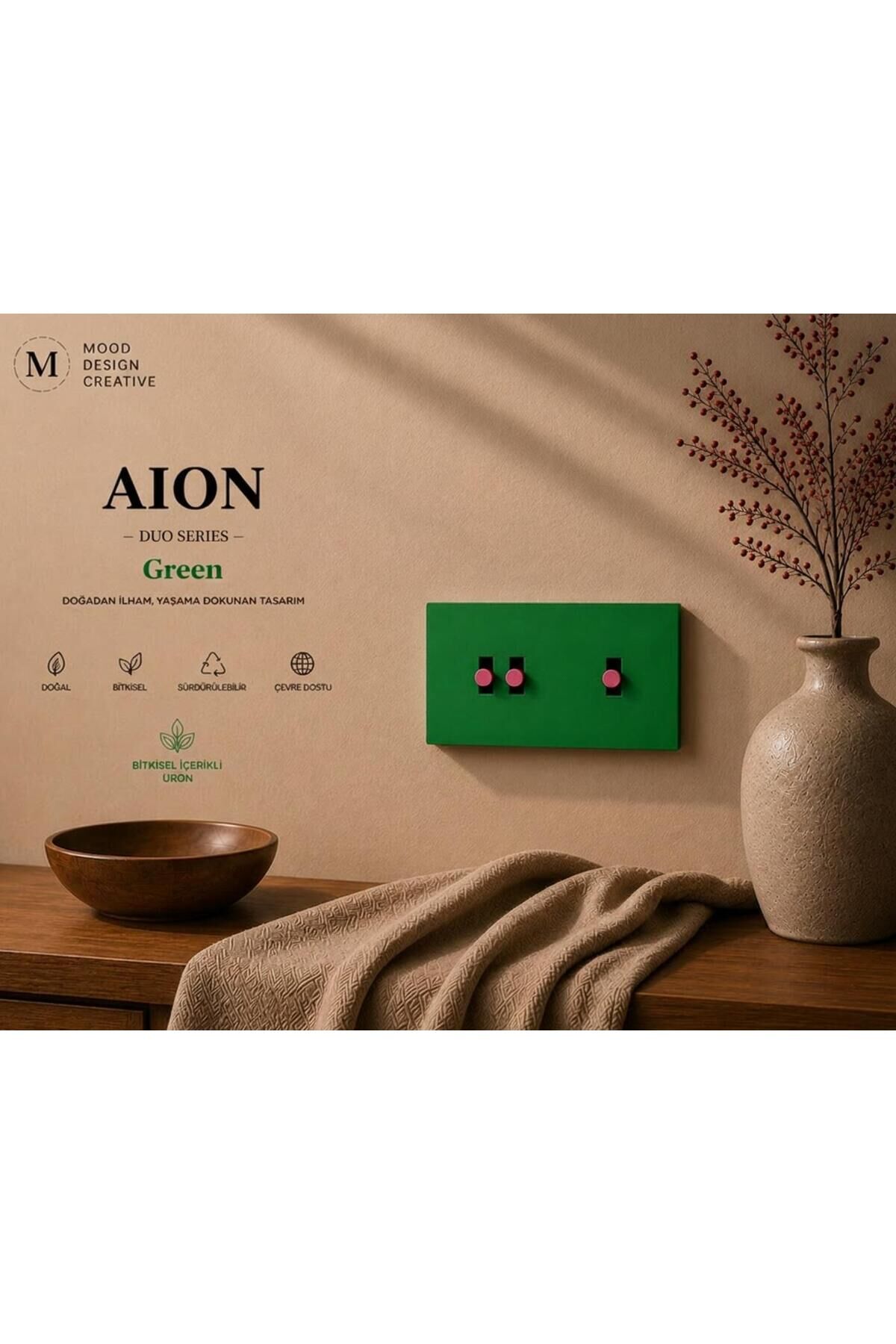 AION Collection-DUO Series (VERDE) (2Lİ)/(V.İ.K.O. İLE UYUMLU) (2MODÜL BİRLEŞİMİ=(2ANAHTAR(1KOMİTATÖR)+1ANAHTAR)Minimal Mat Tasarım Priz-Anahtar COVER/Premium Canlı Renkler Serisi(YEŞİL)