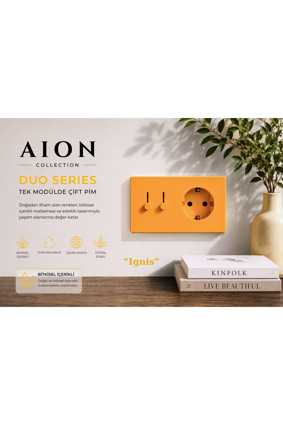 AION Collection-DUO Series (IGNIS) (2Lİ)/(V.İ.K.O. İLE UYUMLUDUR) (2MODÜL BİRLEŞİMİ=2ANAHTAR(1KOMİTATÖR)+1PRİZ)Minimal Mat Tasarım Priz-Anahtar COVER/Premium Canlı Renkler Serisi (TURUNCU)