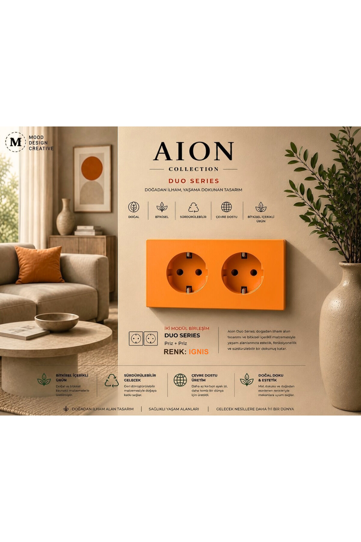 AION Collection-DUO Series (IGNIS) (2Lİ)/ (TÜM MARKALAR İLE UYUMLUDUR) (2MODÜL BİRLEŞİMİ=1PRİZ+1PRİZ) Minimal Mat Tasarım Priz-Anahtar COVER/Premium Canlı Renkler Serisi (TURUNCU)