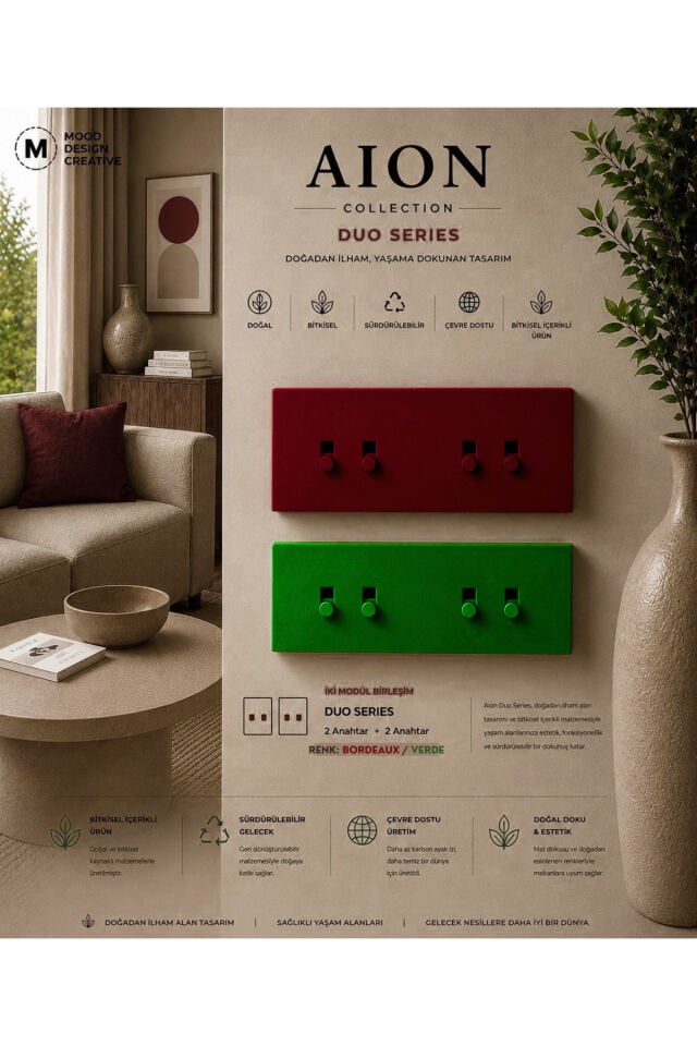 AION Collection-DUO Series (BORDEAUX) (2 AD. KOMİTATÖR)/(V.İK.O. İLE UYUMLU) (2MODÜL BİRLEŞİMİ=2ANAHTAR+2ANAHTAR)Minimal Mat Tasarım Priz-Anahtar COVER/Premium Canlı Renkler Serisi (BORDO)
