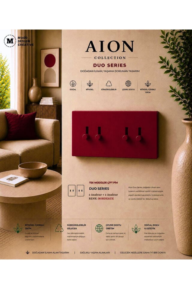 AION Collection-DUO Series (BORDEAUX) (2 AD. KOMİTATÖR)/(V.İK.O. İLE UYUMLU) (2MODÜL BİRLEŞİMİ=2ANAHTAR+2ANAHTAR)Minimal Mat Tasarım Priz-Anahtar COVER/Premium Canlı Renkler Serisi (BORDO)