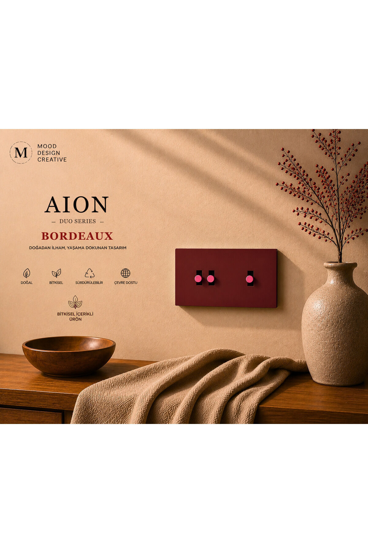 AION Collection-DUO Series (BORDEAUX) (2Lİ)/(V.İ.K.O. İLE UYUMLU) (2MODÜL BİRLEŞİMİ=(2ANAHTAR(1KOMİTATÖR)+1ANAHTAR)Minimal Mat Tasarım Priz-Anahtar COVER/Premium Canlı Renkler Serisi(BORDO)