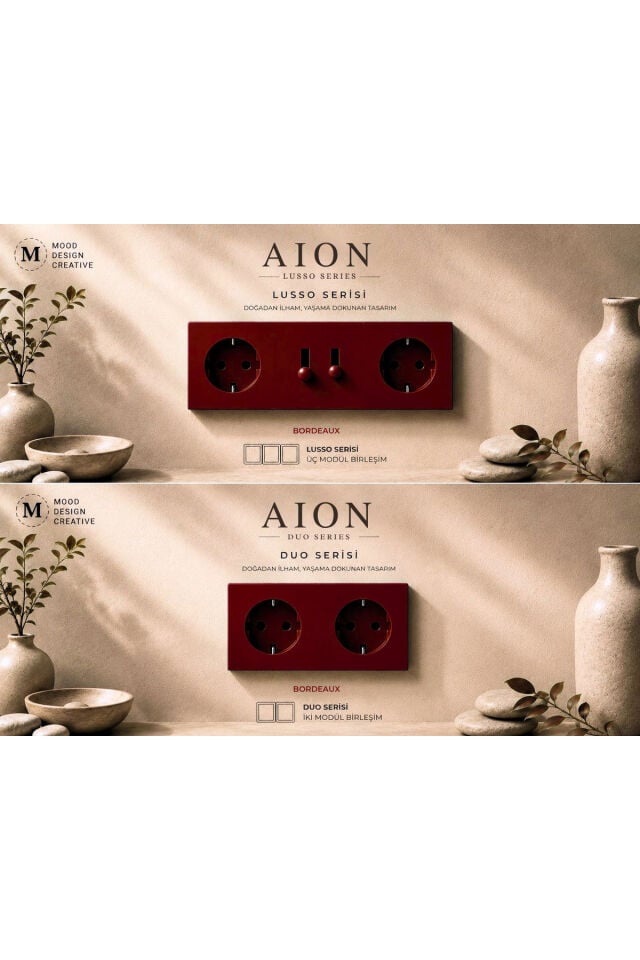 AION Collection-DUO Series (BORDEAUX) (2Lİ)/ (V.İ.K.O. İLE UYUMLUDUR) (2MODÜL BİRLEŞİMİ=1ANAHTAR+1PRİZ) Minimal Mat Tasarım Priz-Anahtar COVER/Premium Canlı Renkler Serisi (BORDO)