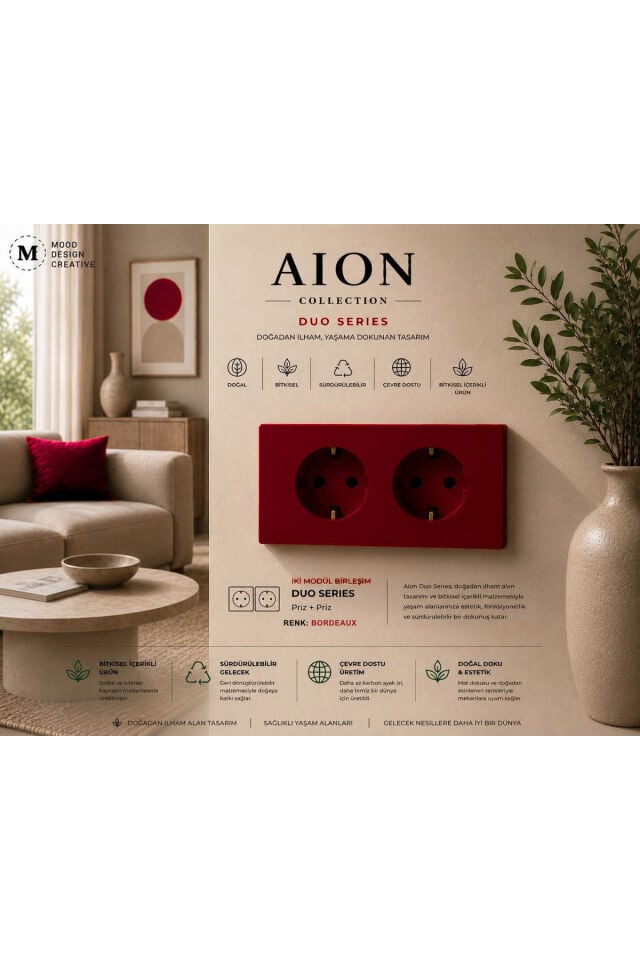 AION Collection-DUO Series (SCARLET RED) (2Lİ)/ (TÜM MARKALAR İLE UYUMLUDUR) (2MODÜL BİRLEŞİMİ=1PRİZ+1PRİZ) Minimal Mat Tasarım Priz-Anahtar COVER/Premium Canlı Renkler Serisi (CANLI KIRMIZI)