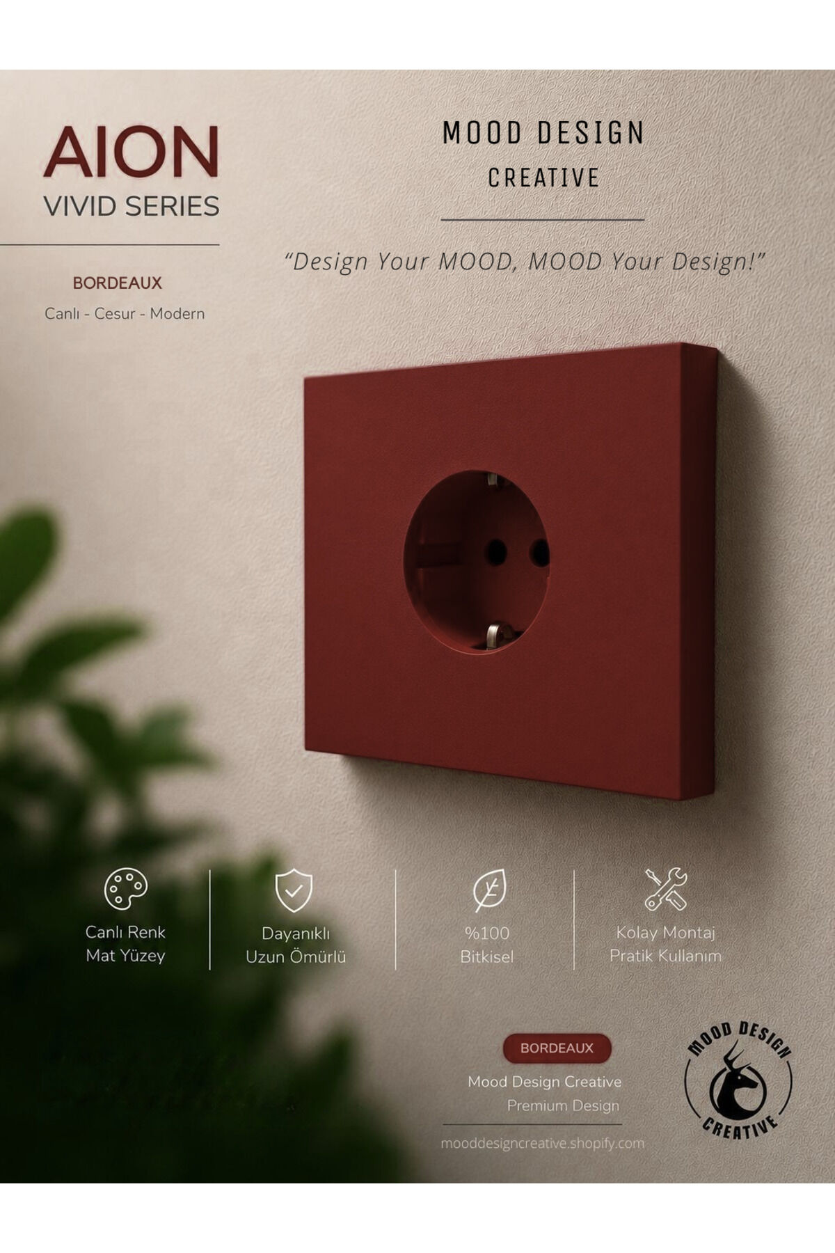 AION Collection - VIVID Series (BORDEAUX) /(TÜM PRİZLER İLE UYUMLUDUR) Minimal Mat Tasarım Priz / Premium Dekoratif Canlı Renkler Serisi (BORDO)