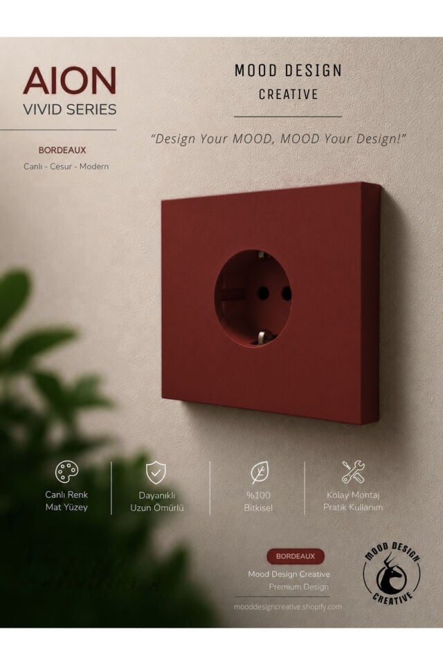 AION Collection - VIVID Series (BORDEAUX) /(TÜM PRİZLER İLE UYUMLUDUR) Minimal Mat Tasarım Priz / Premium Dekoratif Canlı Renkler Serisi (BORDO)