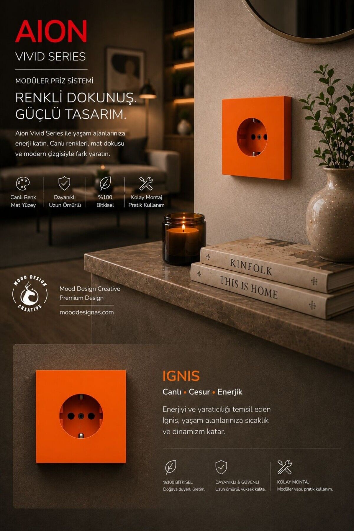 AION Collection - VIVID Series (IGNIS) /(TÜM PRİZLER İLE UYUMLUDUR) Minimal Mat Tasarım Priz / Premium Dekoratif Canlı Renkler Serisi (TURUNCU)