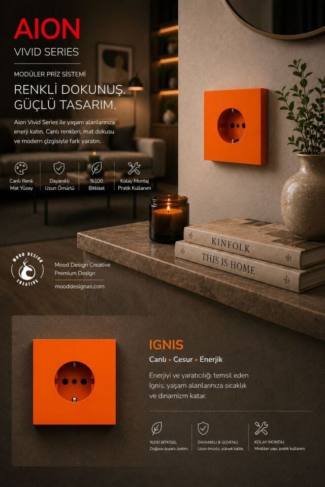 AION Collection - VIVID Series (IGNIS) /(TÜM PRİZLER İLE UYUMLUDUR) Minimal Mat Tasarım Priz / Premium Dekoratif Canlı Renkler Serisi (TURUNCU)