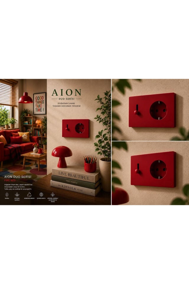 AION Collection-DUO Series (FIRE RED) (2Lİ)/(V.İ.K.O. İLE UYUMLUDUR) (2MODÜL BİRLEŞİMİ=1ANAHTAR+1PRİZ)Minimal Mat Tasarım Priz-Anahtar COVER/Premium Canlı Renkler Serisi (ATEŞ KIRMIZI)