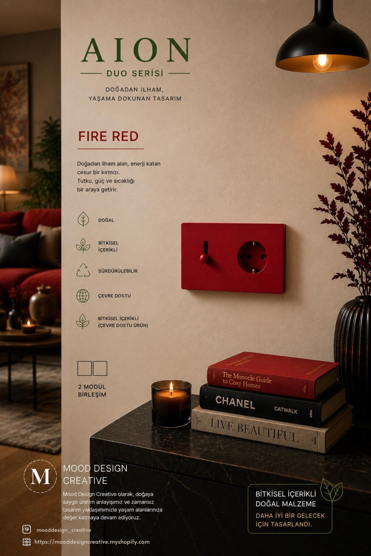 AION Collection-DUO Series (FIRE RED) (2Lİ)/(V.İ.K.O. İLE UYUMLUDUR) (2MODÜL BİRLEŞİMİ=1ANAHTAR+1PRİZ)Minimal Mat Tasarım Priz-Anahtar COVER/Premium Canlı Renkler Serisi (ATEŞ KIRMIZI)