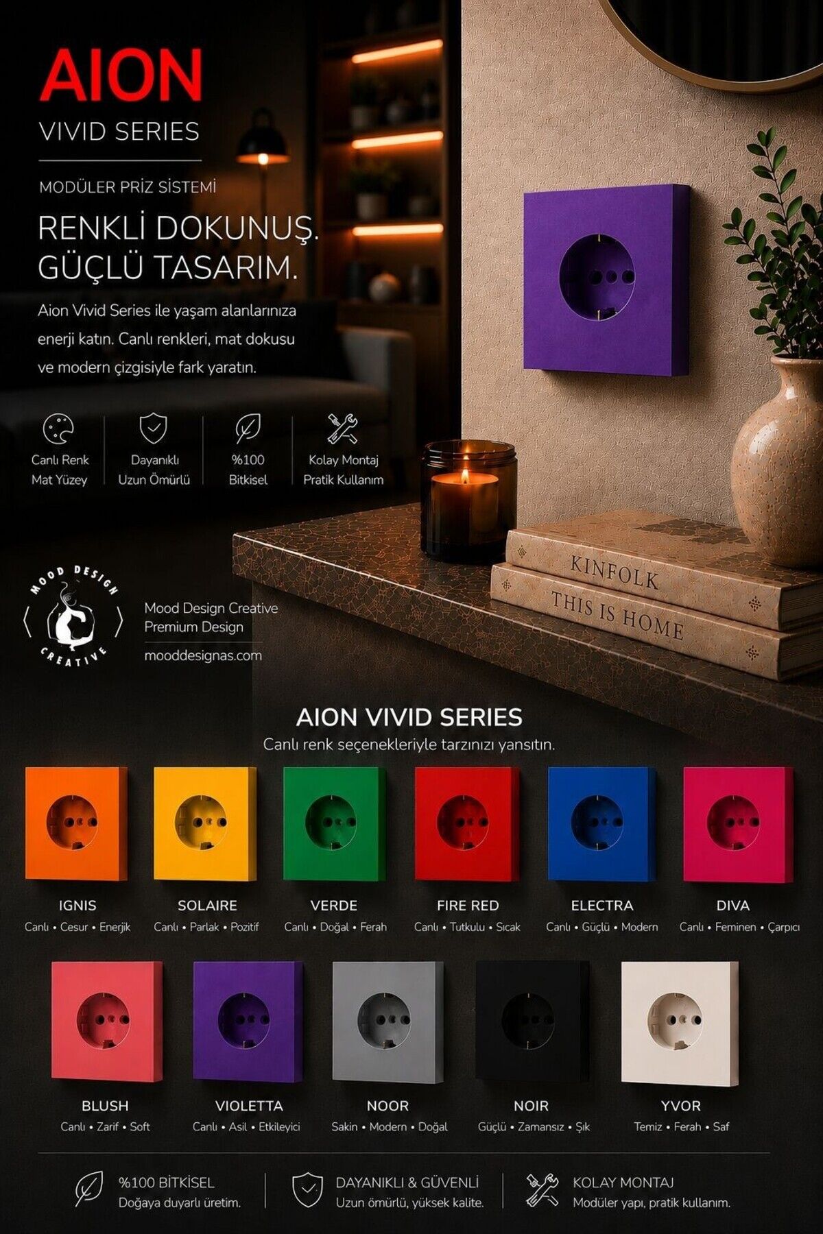 AION Collection - VIVID Series (VIOLETTA) /(TÜM PRİZLER İLE UYUMLUDUR) Minimal Mat Tasarım Priz / Premium Dekoratif Canlı Renkler Serisi (MOR)