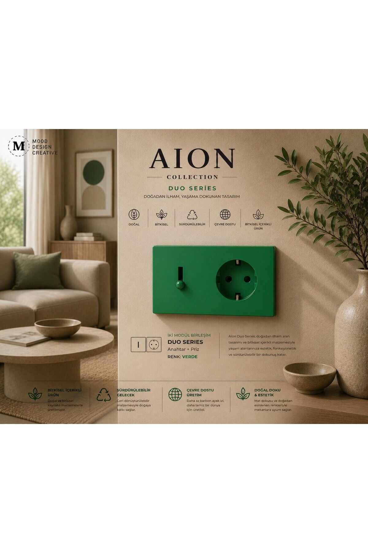 AION Collection-DUO Series (VERDE) (2Lİ)/(OVİVO İLE UYUMLUDUR) (2MODÜL BİRLEŞİMİ=1ANAHTAR+1PRİZ) Minimal Mat Tasarım Priz-Anahtar COVER/Premium Canlı Renkler Serisi (YEŞİL)
