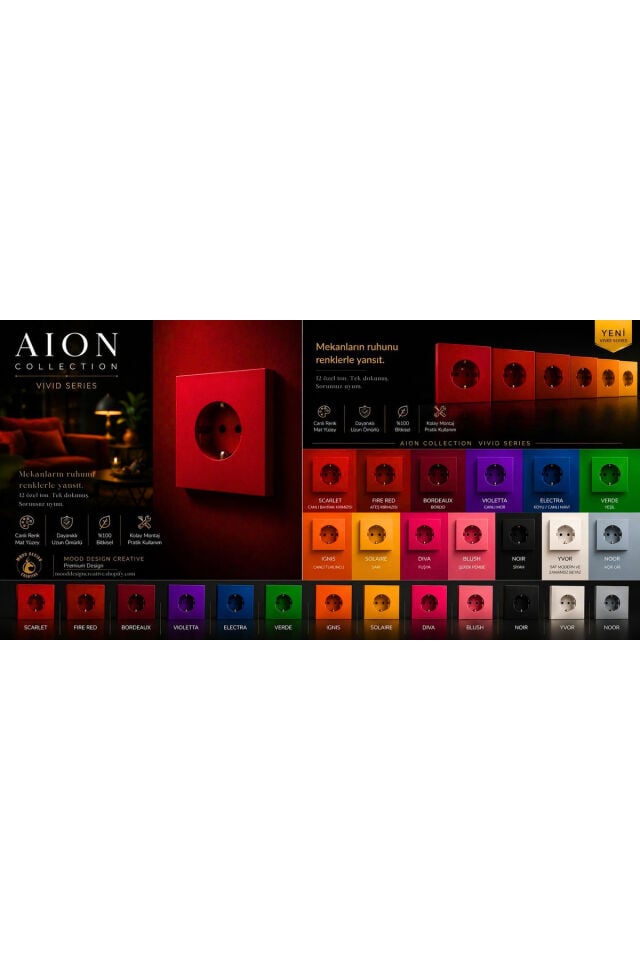 AION Collection - VIVID Series (FIRE RED) /(TÜM PRİZLER İLE UYUMLUDUR) Minimal Mat Tasarım Priz / Premium Dekoratif Canlı Renkler Serisi (ATEŞ KIRMIZI)