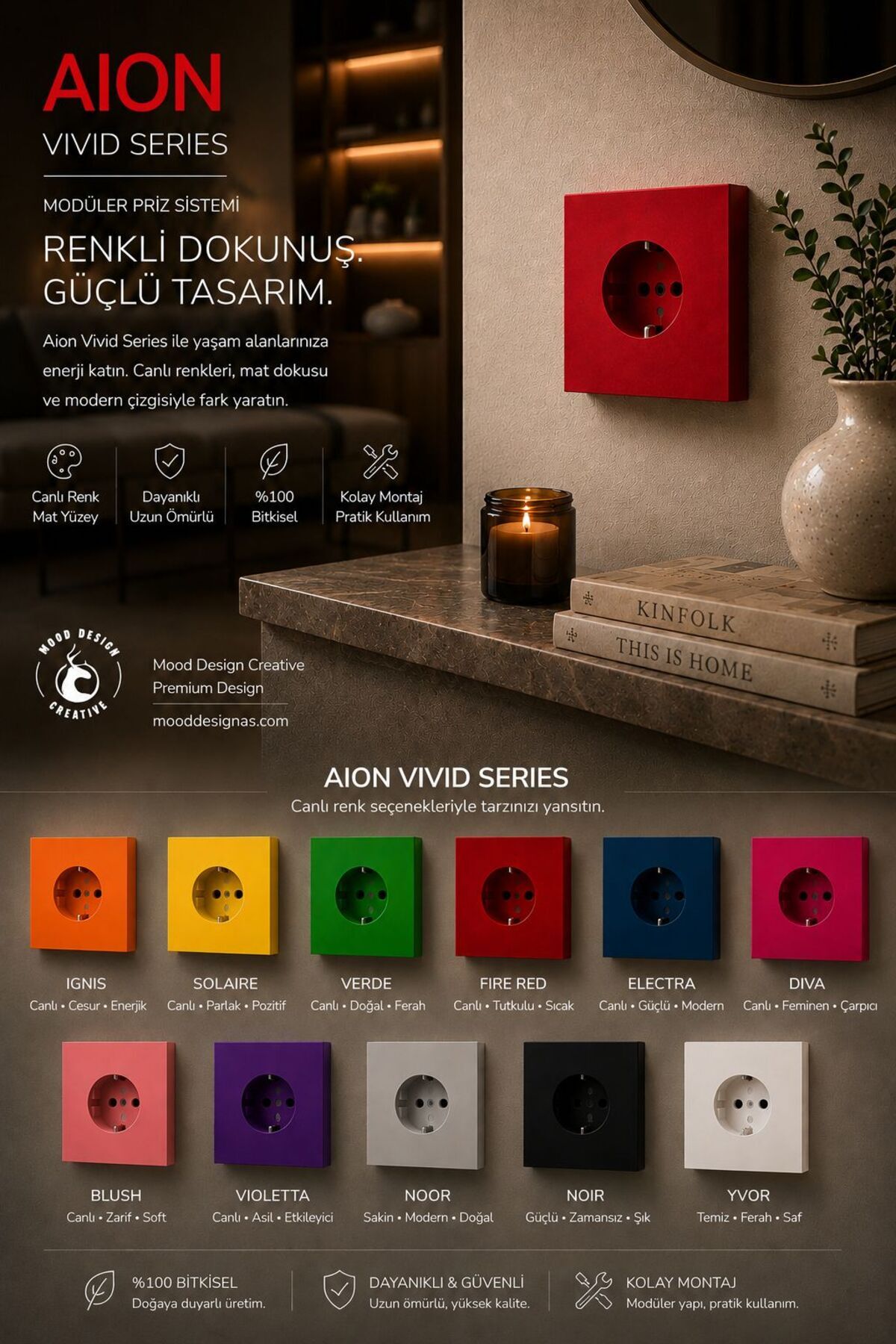 AION Collection - VIVID Series (FIRE RED) /(TÜM PRİZLER İLE UYUMLUDUR) Minimal Mat Tasarım Priz / Premium Dekoratif Canlı Renkler Serisi (ATEŞ KIRMIZI)