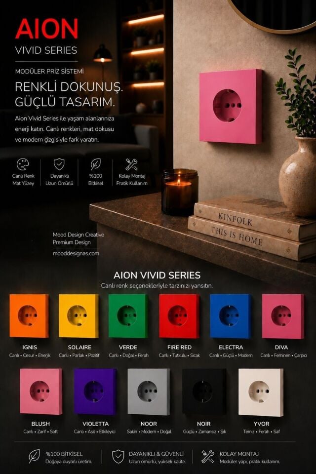 AION Collection - VIVID Series (BLUSH) /(TÜM PRİZLER İLE UYUMLUDUR) Minimal Mat Tasarım Priz / Premium Dekoratif Canlı Renkler Serisi (PEMBE)