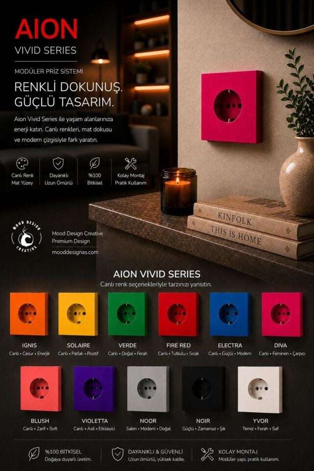 AION Collection - VIVID Series (DIVA) /(TÜM PRİZLER İLE UYUMLUDUR) Minimal Mat Tasarım Priz / Premium Dekoratif Canlı Renkler Serisi (FUŞYA)
