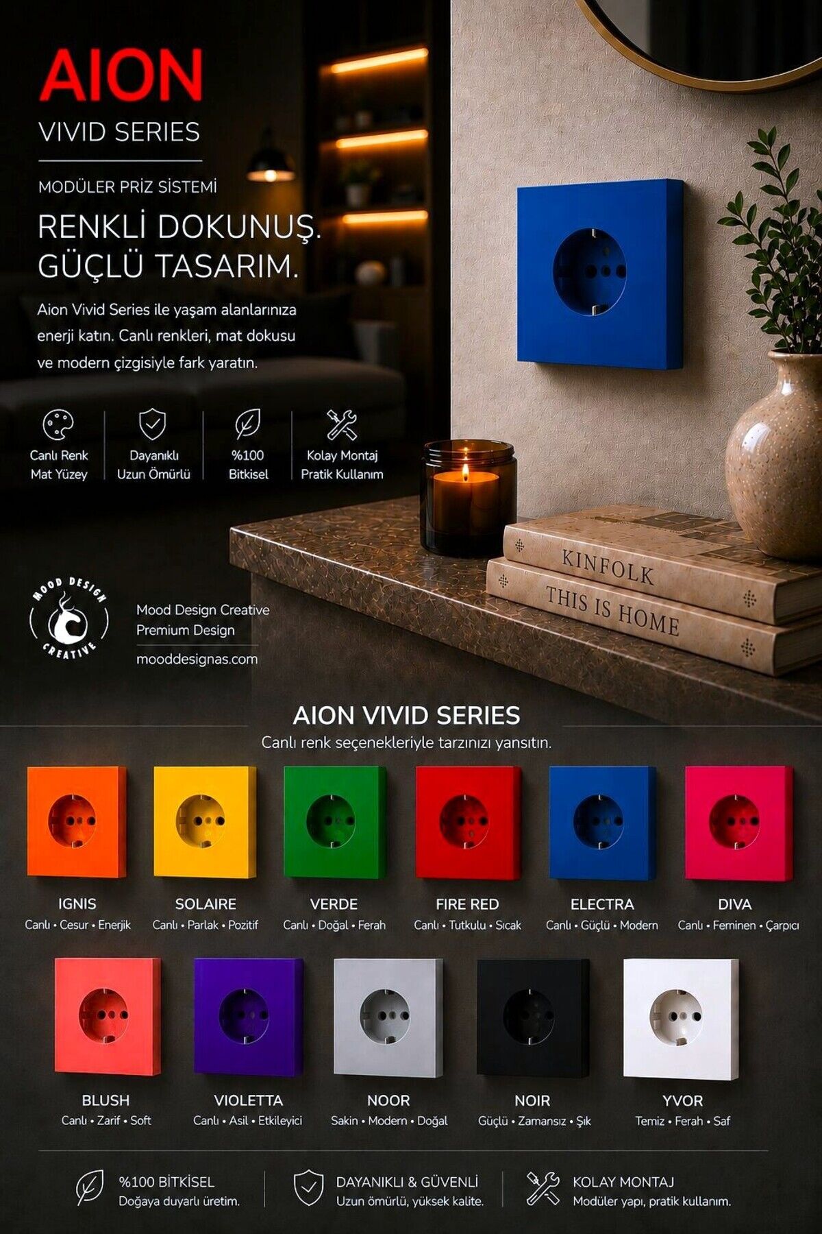 AION Collection - VIVID Series (ELECTRA) /(TÜM PRİZLER İLE UYUMLUDUR) Minimal Mat Tasarım Priz / Premium Dekoratif Canlı Renkler Serisi (MAVİ)