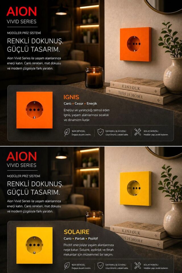 AION Collection - VIVID Series (SOLAIRE) /(TÜM PRİZLER İLE UYUMLUDUR) Minimal Mat Tasarım Priz / Premium Dekoratif Canlı Renkler Serisi (SARI)