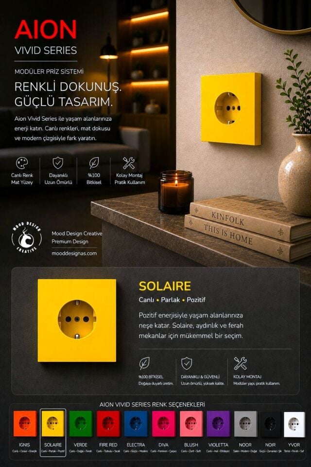 AION Collection - VIVID Series (SOLAIRE) /(TÜM PRİZLER İLE UYUMLUDUR) Minimal Mat Tasarım Priz / Premium Dekoratif Canlı Renkler Serisi (SARI)