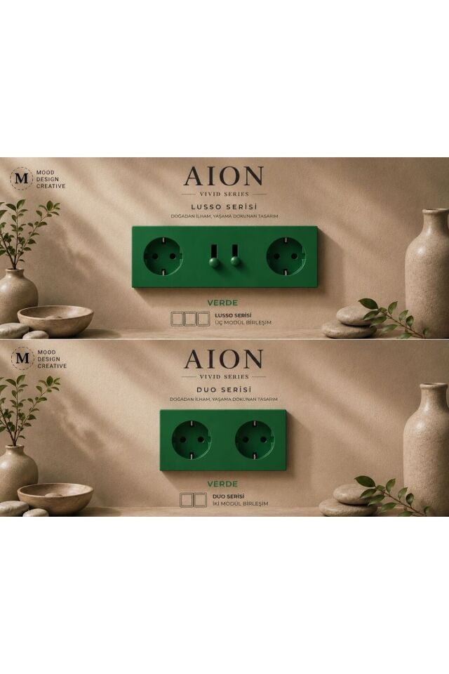 AION Collection - VIVID Series (VERDE) /(TÜM PRİZLER İLE UYUMLUDUR) Minimal Mat Tasarım Priz / Premium Dekoratif Canlı Renkler Serisi (YEŞİL)