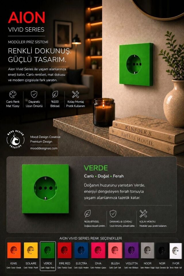 AION Collection - VIVID Series (VERDE) /(TÜM PRİZLER İLE UYUMLUDUR) Minimal Mat Tasarım Priz / Premium Dekoratif Canlı Renkler Serisi (YEŞİL)