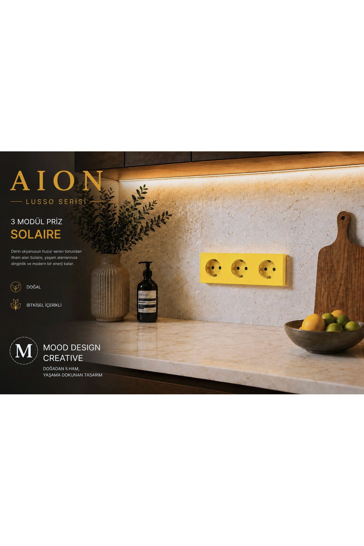 AION Collection-LUSSO Series (SOLAIRE) (3LÜ) / (TÜM MARKALAR İLE UYUMLUDUR) (3 MODÜL BİRLEŞİMİ= 3 PRİZ) Minimal Mat Tasarım Priz-Anahtar COVER/Premium Canlı Renkler Serisi (SARI)