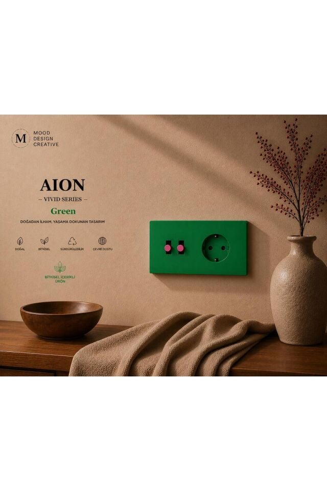 AION Collection-DUO Series (VERDE) (2Lİ)/(V.İ.K.O. İLE UYUMLUDUR) (2MODÜL BİRLEŞİMİ=2ANAHTAR(1KOMİTATÖR)+1PRİZ)Minimal Mat Tasarım Priz-Anahtar COVER/Premium Canlı Renkler Serisi (YEŞİL)