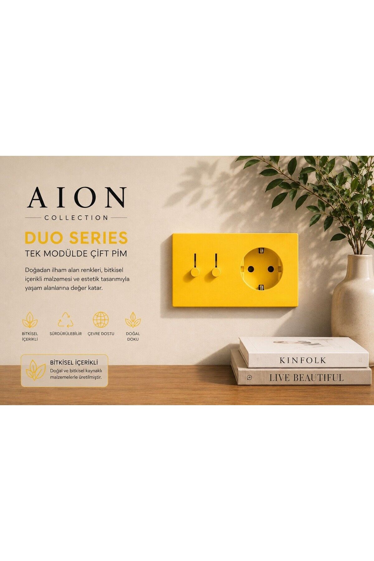 AION Collection-DUO Series (SOLAIRE) (2Lİ)/(V.İ.K.O. İLE UYUMLUDUR) (2MODÜL BİRLEŞİMİ=2ANAHTAR(1KOMİTATÖR)+1PRİZ)Minimal Mat Tasarım Priz-Anahtar COVER/Premium Canlı Renkler Serisi (SARI)