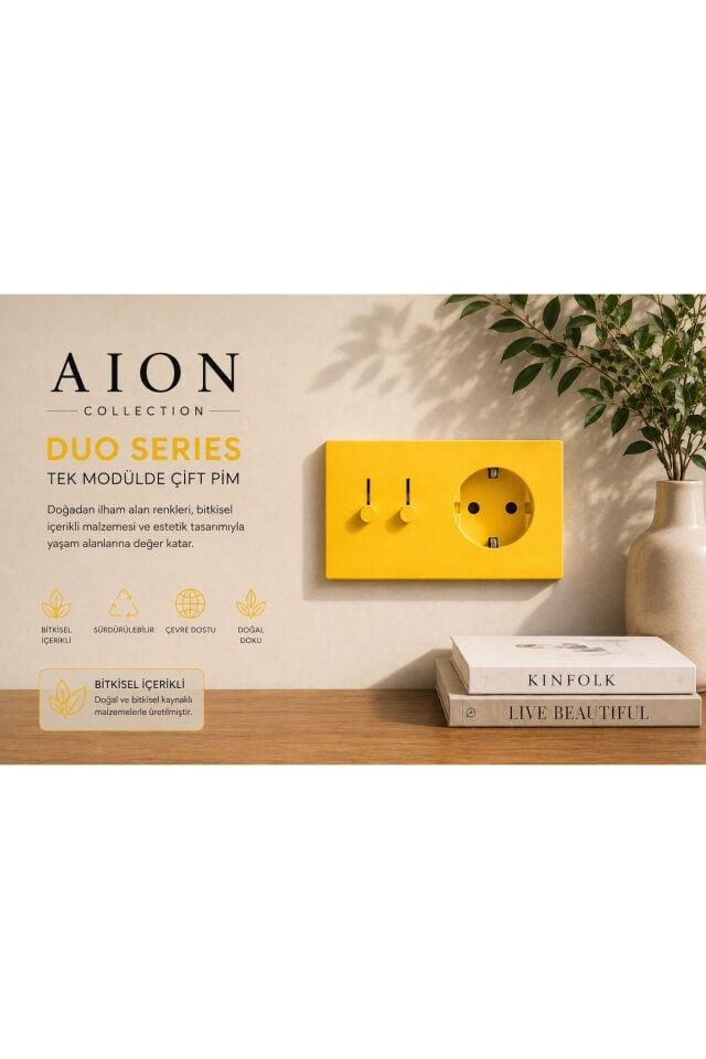 AION Collection-DUO Series (SOLAIRE) (2Lİ)/(V.İ.K.O. İLE UYUMLUDUR) (2MODÜL BİRLEŞİMİ=2ANAHTAR(1KOMİTATÖR)+1PRİZ)Minimal Mat Tasarım Priz-Anahtar COVER/Premium Canlı Renkler Serisi (SARI)