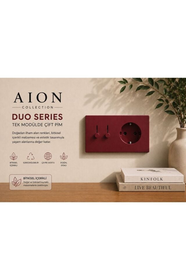 AION Collection-DUO Series (BORDEAUX) (2Lİ)/(V.İ.K.O. İLE UYUMLUDUR) (2MODÜL BİRLEŞİMİ=2ANAHTAR(1KOMİTATÖR)+1PRİZ)Minimal Mat Tasarım Priz-Anahtar COVER/Premium Canlı Renkler Serisi (BORDO)