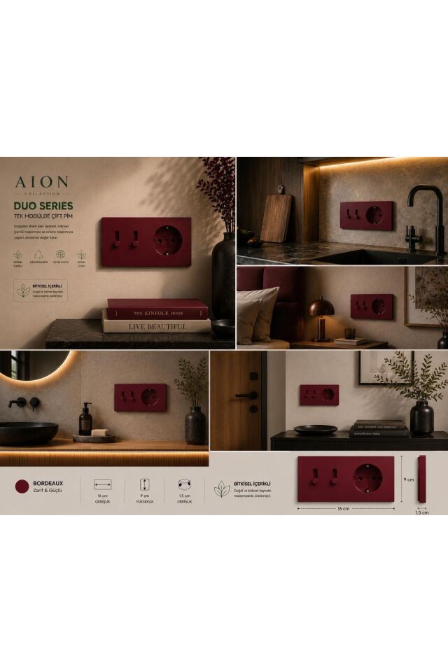 AION Collection-DUO Series (BORDEAUX) (2Lİ)/(V.İ.K.O. İLE UYUMLUDUR) (2MODÜL BİRLEŞİMİ=2ANAHTAR(1KOMİTATÖR)+1PRİZ)Minimal Mat Tasarım Priz-Anahtar COVER/Premium Canlı Renkler Serisi (BORDO)