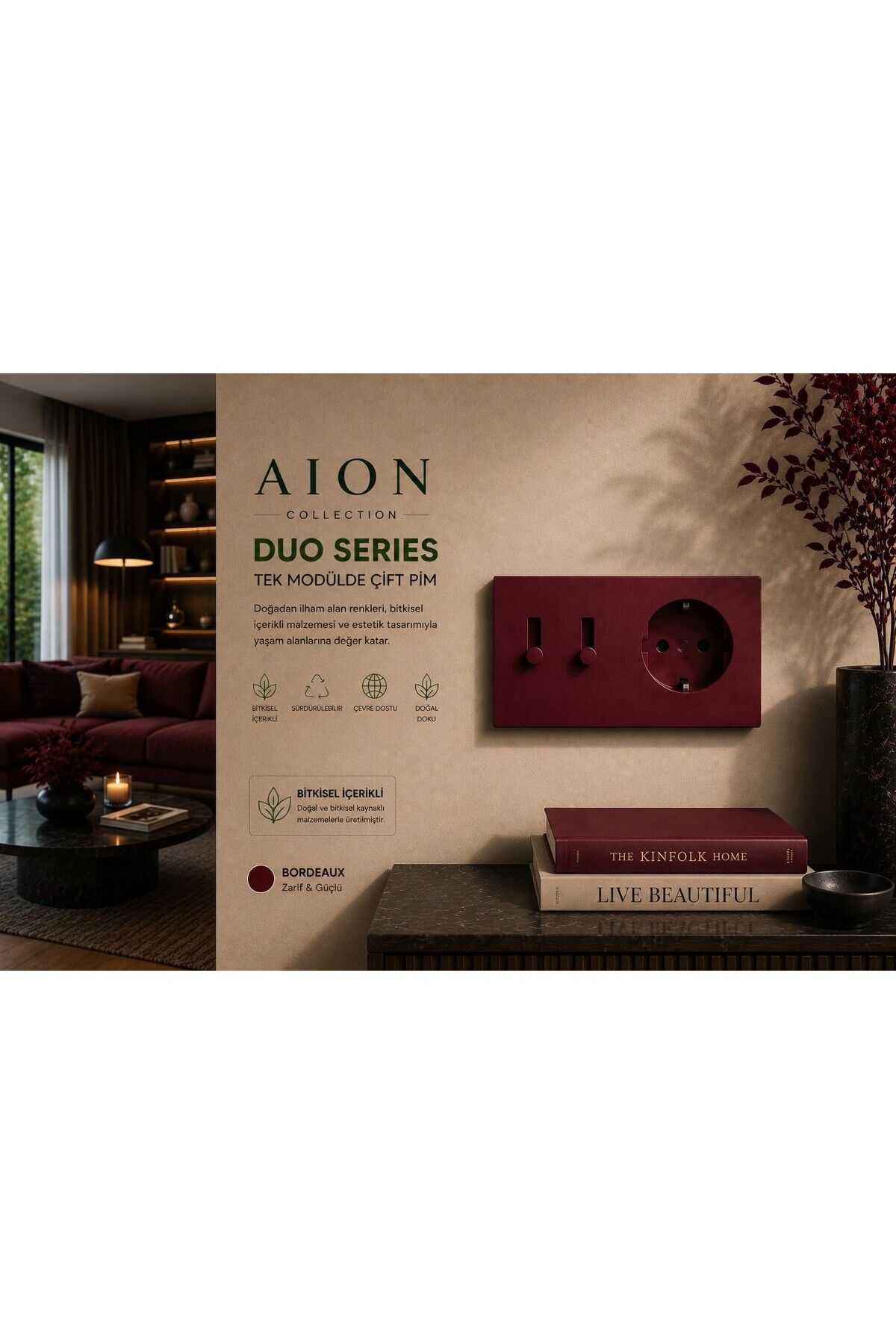 AION Collection-DUO Series (BORDEAUX) (2Lİ)/(V.İ.K.O. İLE UYUMLUDUR) (2MODÜL BİRLEŞİMİ=2ANAHTAR(1KOMİTATÖR)+1PRİZ)Minimal Mat Tasarım Priz-Anahtar COVER/Premium Canlı Renkler Serisi (BORDO)