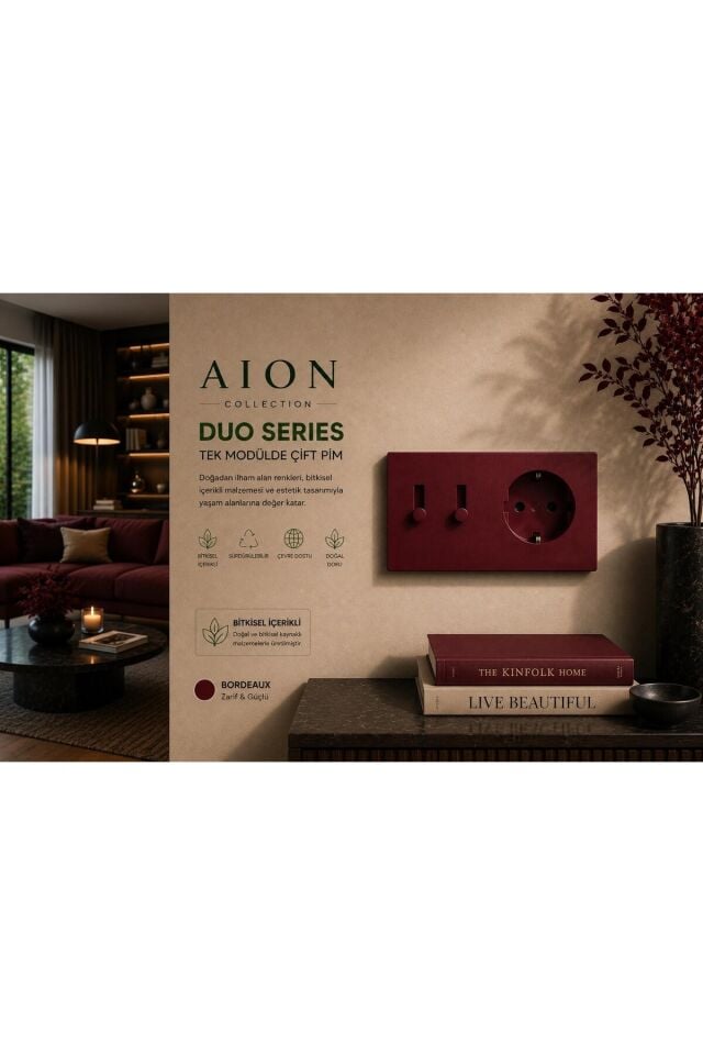 AION Collection-DUO Series (BORDEAUX) (2Lİ)/(V.İ.K.O. İLE UYUMLUDUR) (2MODÜL BİRLEŞİMİ=2ANAHTAR(1KOMİTATÖR)+1PRİZ)Minimal Mat Tasarım Priz-Anahtar COVER/Premium Canlı Renkler Serisi (BORDO)