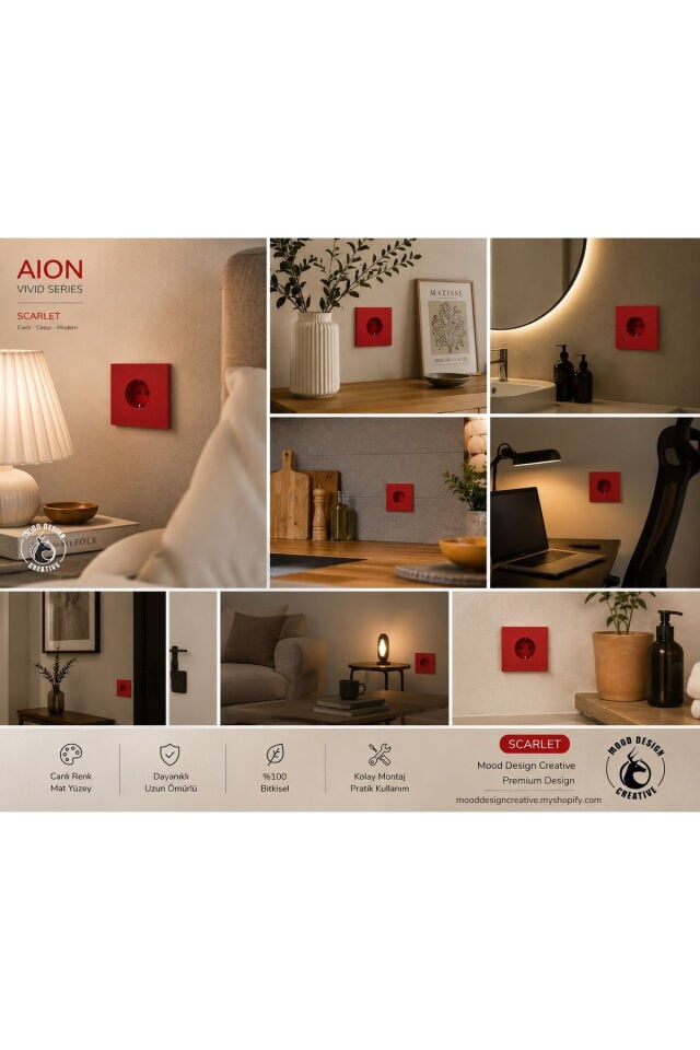 AION Collection - VIVID Series (SCARLET RED) /(TÜM PRİZLER İLE UYUMLUDUR) Minimal Mat Tasarım Priz / Premium Dekoratif Canlı Renkler Serisi (CANLI KIRMIZI)